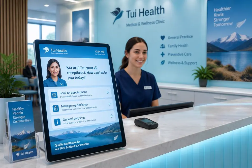 Clinic reception with an AI digital receptionist booking appointments