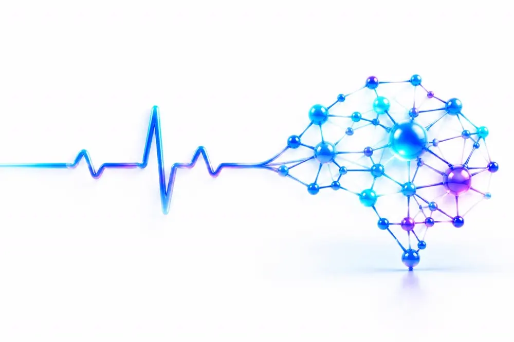 Illustration of a heartbeat line merging into an AI network