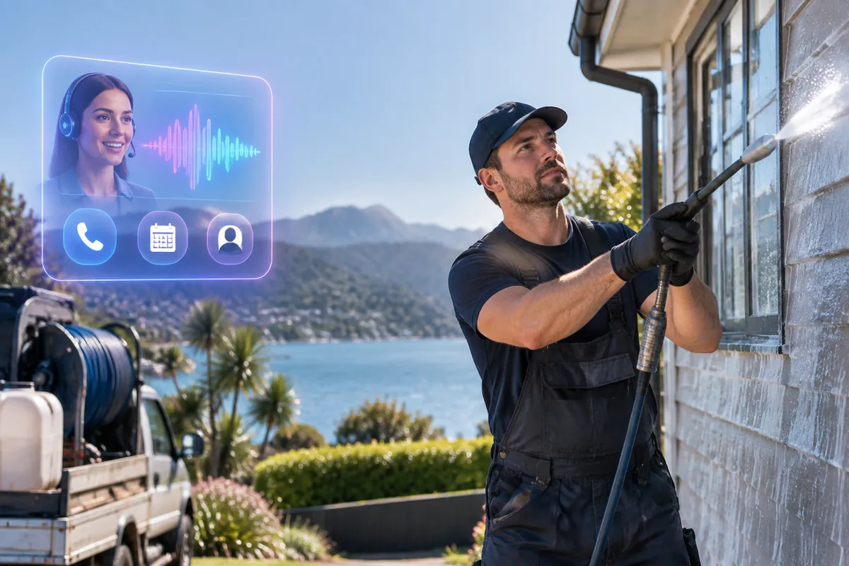 House washing / soft washing team at work while AIIT Voice AI answers customer calls