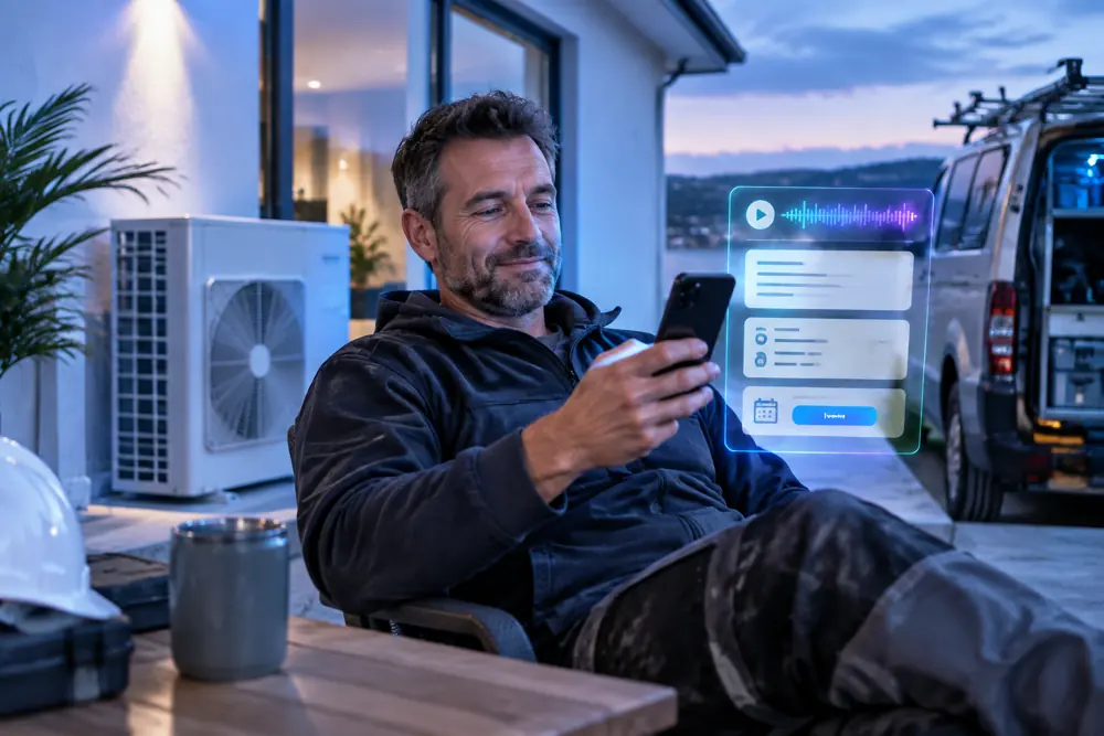 HVAC / Heat Pump Installers owner reviewing SAM call summaries and pre-booked jobs on a phone