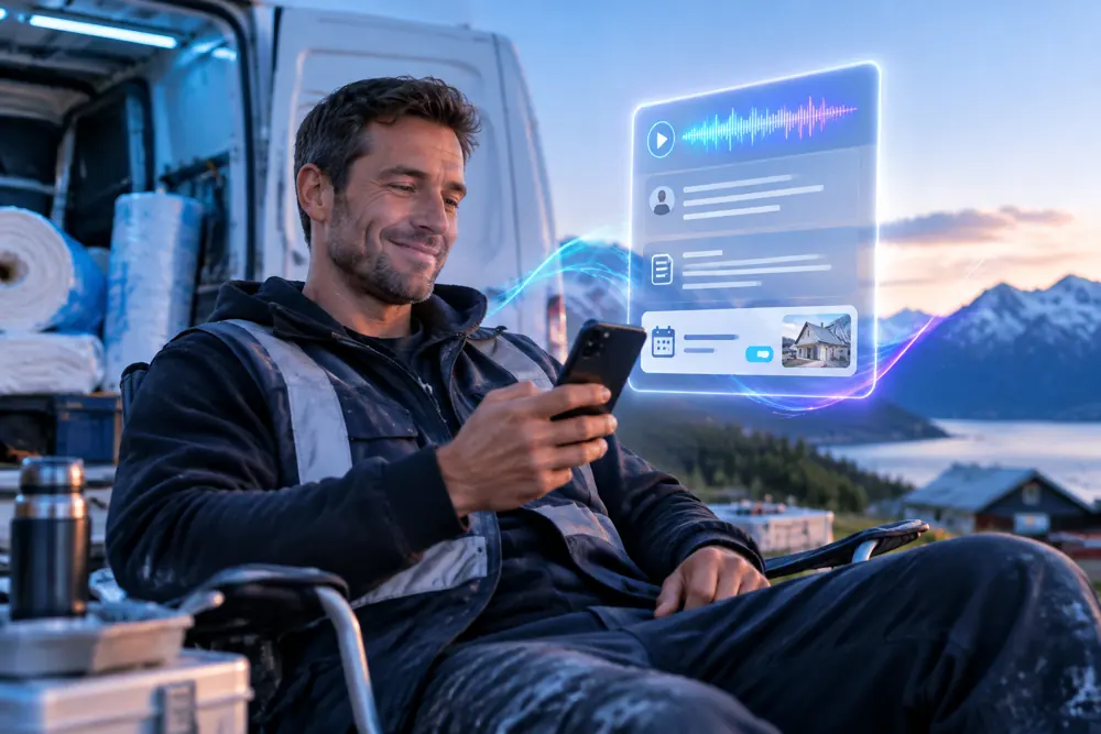 Insulation companies owner reviewing SAM call summaries and pre-booked jobs on a phone