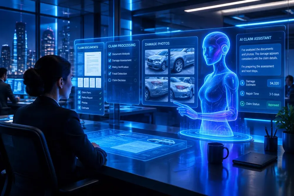 AI digital employee processing a motor claim with documents and damage photos