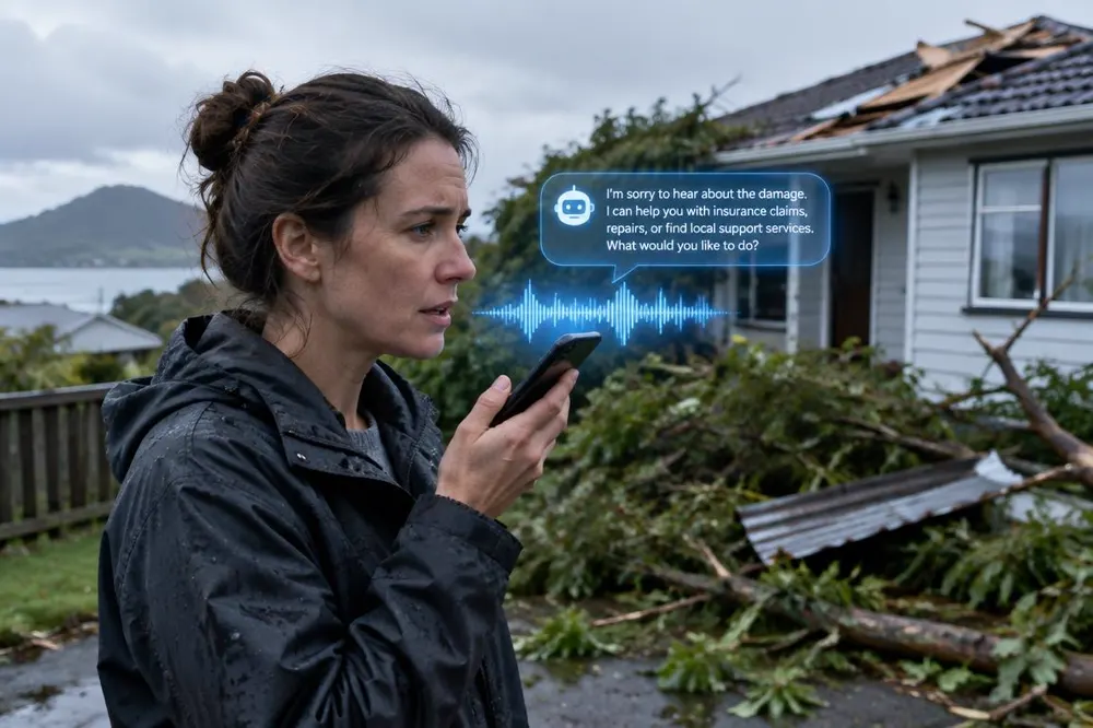 Homeowner reporting storm damage by phone to a voice AI