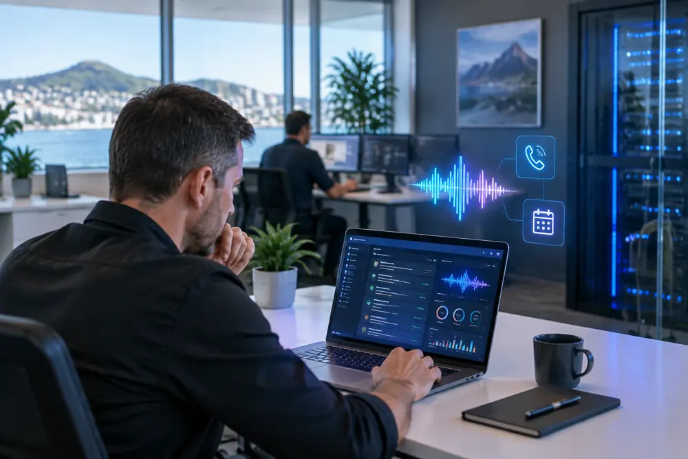 Business owner reviewing Voice AI conversation outcomes