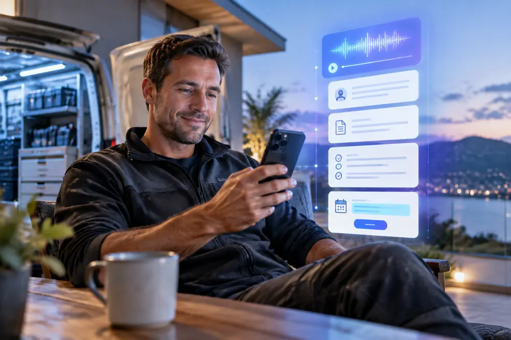 Kitchen companies owner reviewing SAM call summaries and pre-booked jobs on a phone