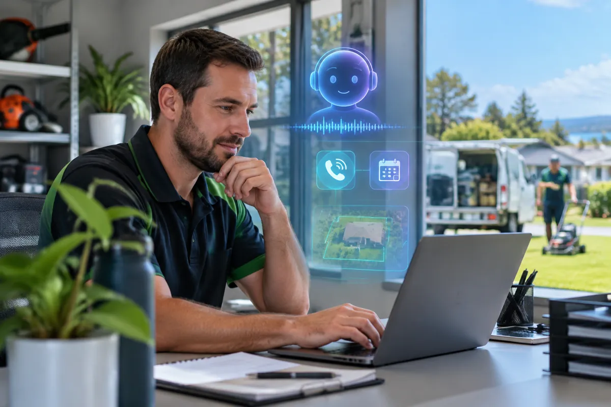 Lawn-care businesses team at work while AIIT Voice AI answers customer calls