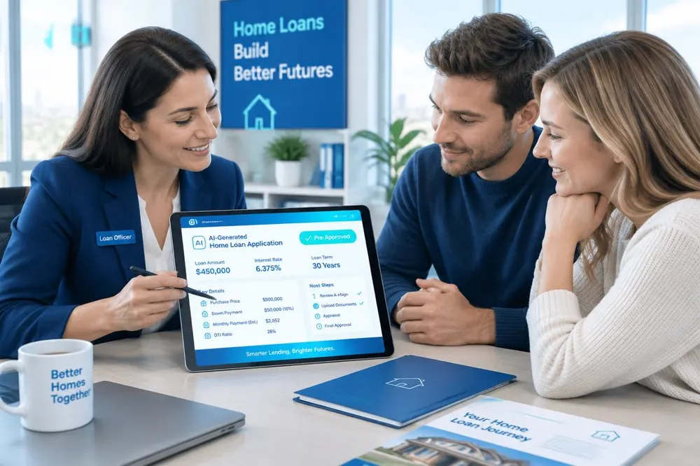 Loan officer and couple reviewing an AI-prepared home loan application