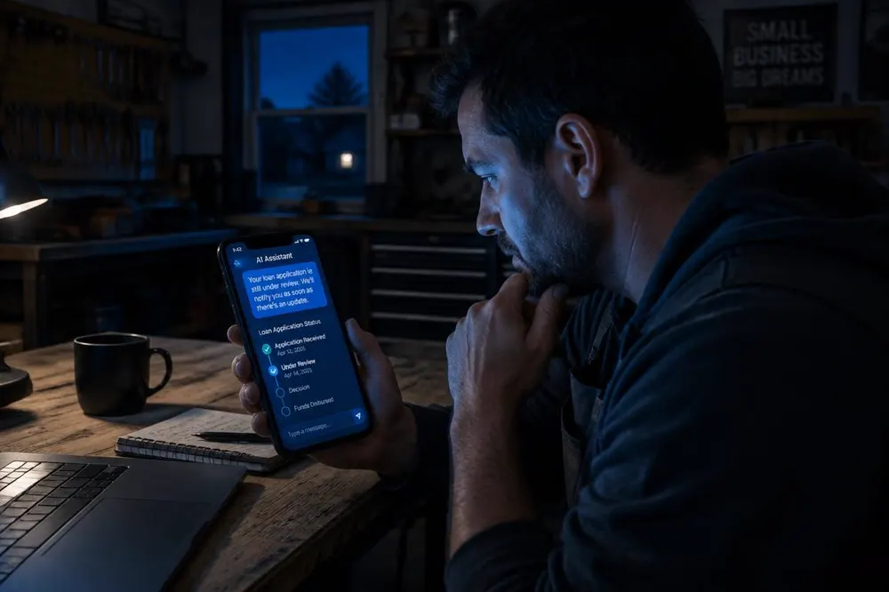 Business owner checking loan status on phone at night