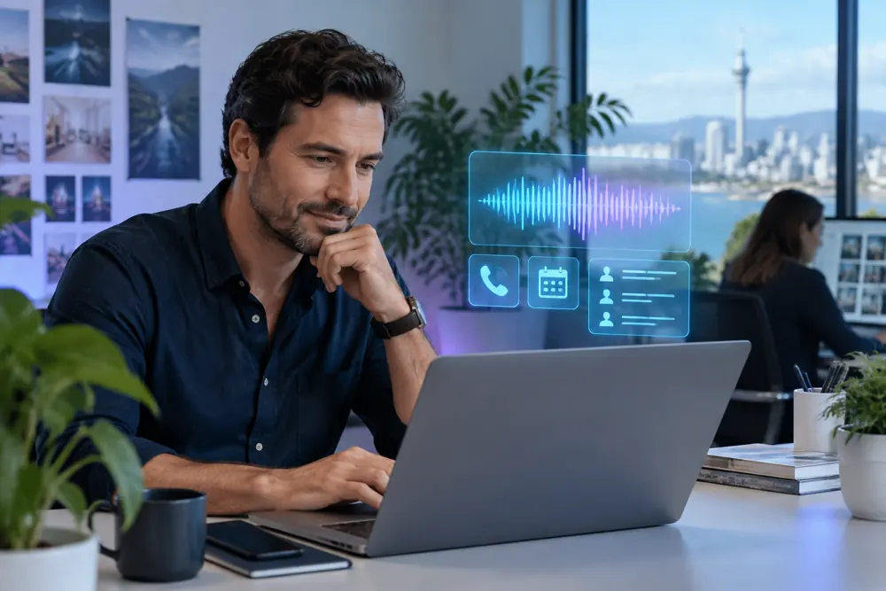 Business owner reviewing Voice AI conversation outcomes