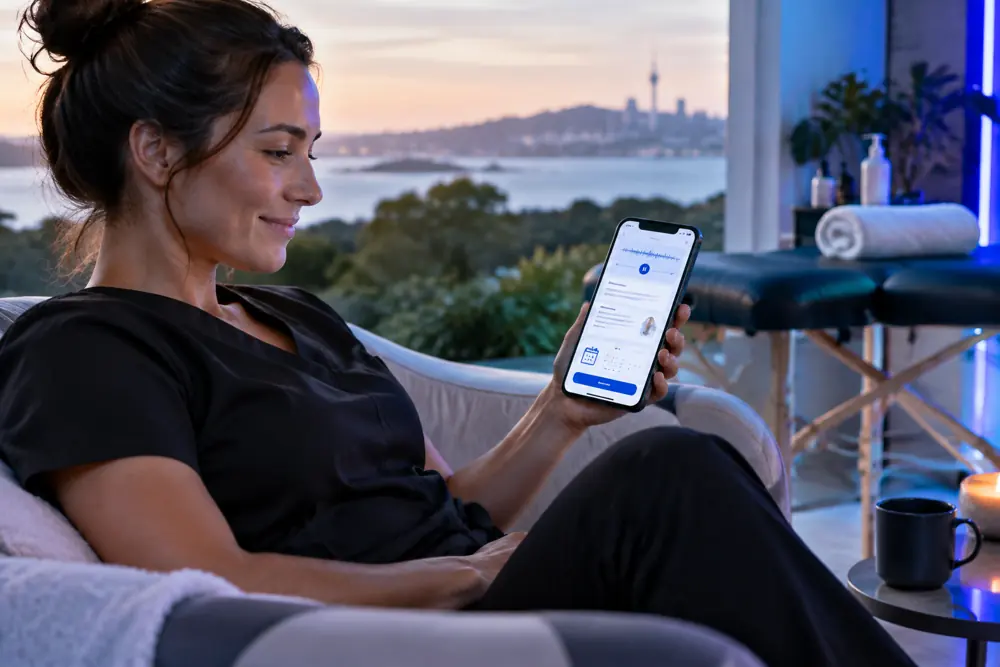 Massage therapists owner reviewing SAM call summaries and pre-booked jobs on a phone