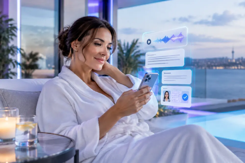 Med spas / cosmetic clinics owner reviewing SAM call summaries and pre-booked jobs on a phone