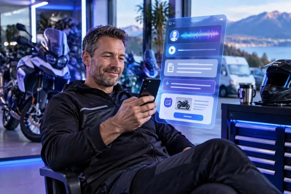 Motorcycle dealers owner reviewing SAM call summaries and pre-booked jobs on a phone