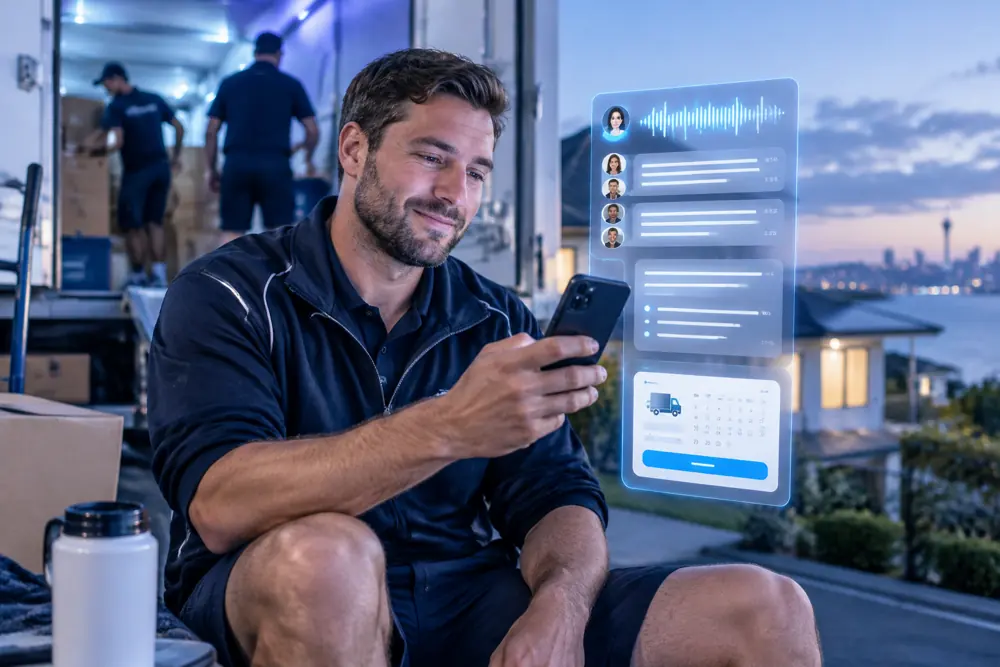 Moving companies owner reviewing SAM call summaries and pre-booked jobs on a phone