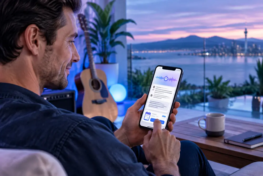 Music schools owner reviewing SAM call summaries and pre-booked jobs on a phone