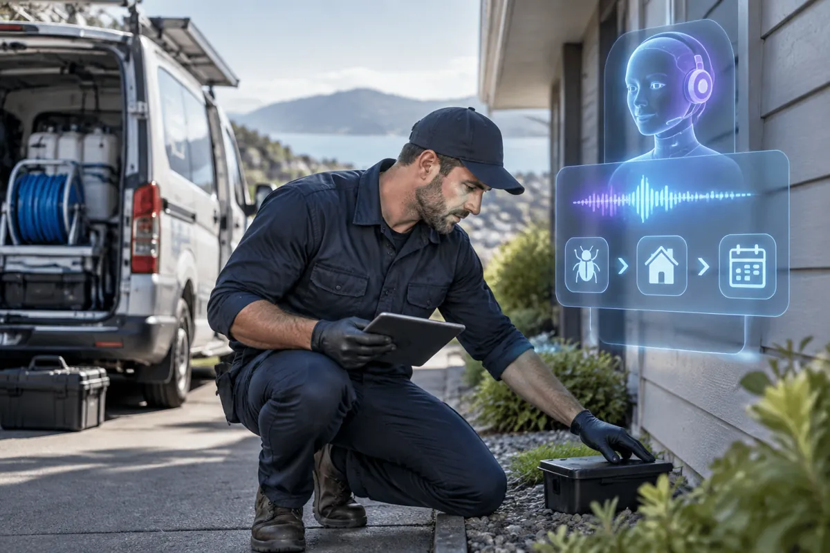 Pest control team at work while AIIT Voice AI answers customer calls