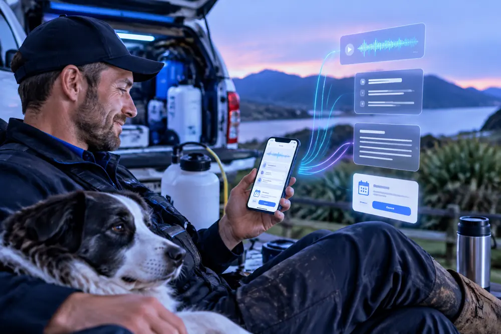 Pest control owner reviewing SAM call summaries and pre-booked jobs on a phone