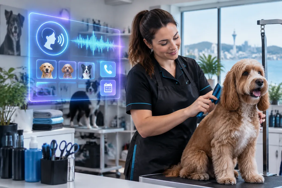 Pet groomers team at work while AIIT Voice AI answers customer calls