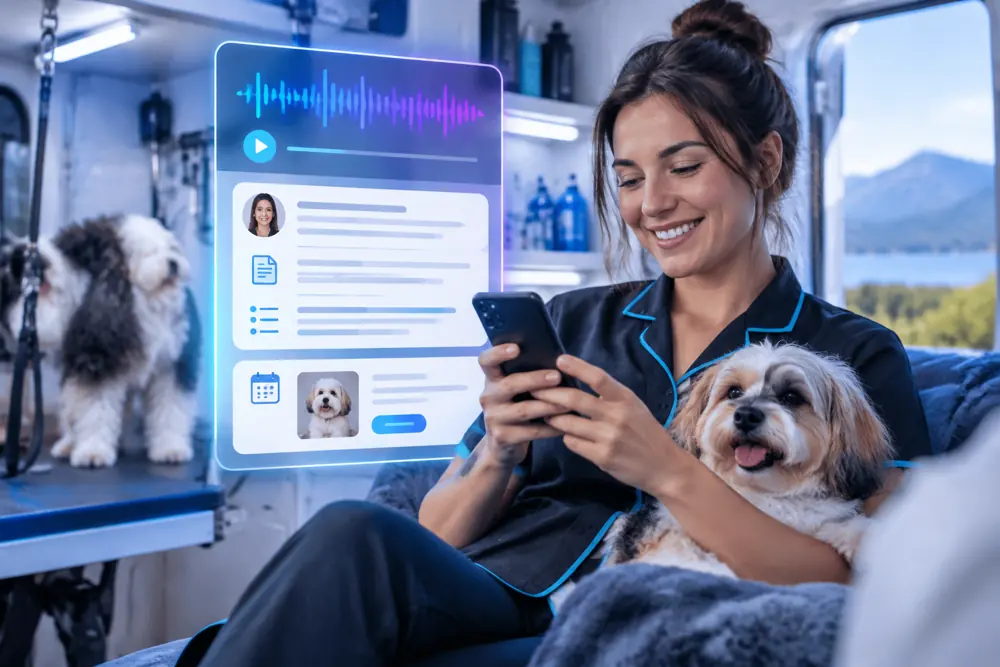 Pet groomers owner reviewing SAM call summaries and pre-booked jobs on a phone