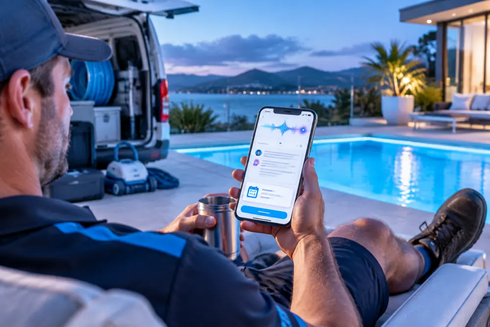 Pool maintenance owner reviewing SAM call summaries and pre-booked jobs on a phone