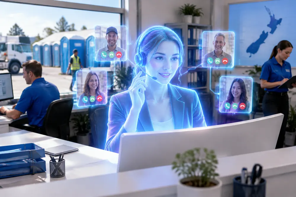 SAM digital receptionist answering calls for a New Zealand portable toilet hire business