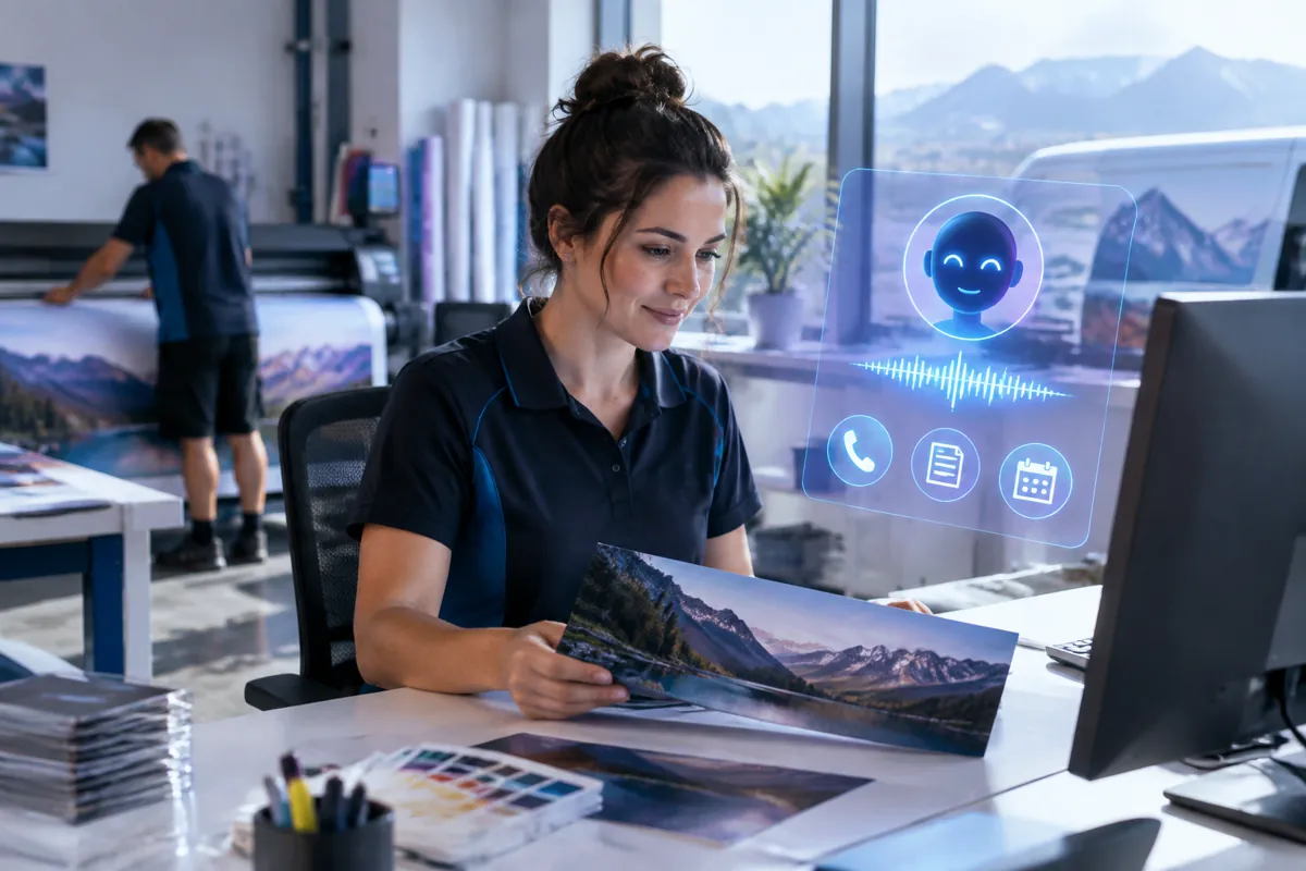 Printers/signwriters team at work while AIIT Voice AI answers customer calls