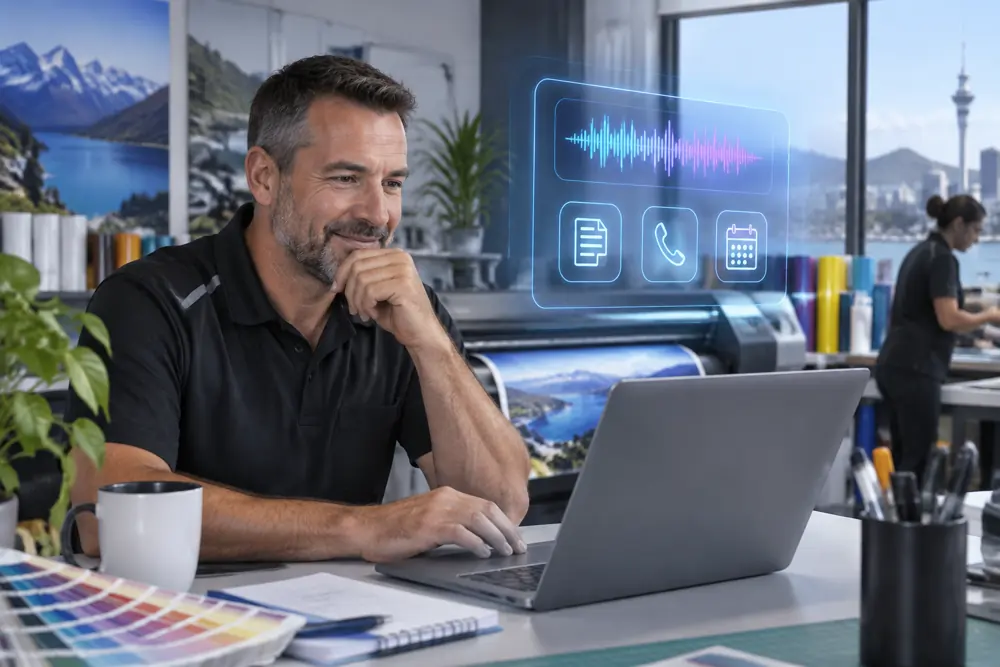 Business owner reviewing Voice AI conversation outcomes
