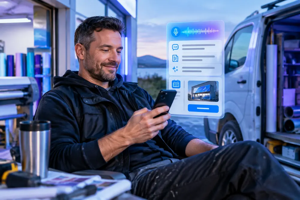 Printers/signwriters owner reviewing SAM call summaries and pre-booked jobs on a phone