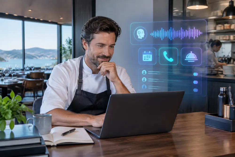 Business owner reviewing Voice AI conversation outcomes
