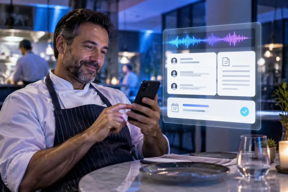Restaurants owner reviewing SAM call summaries and pre-booked jobs on a phone