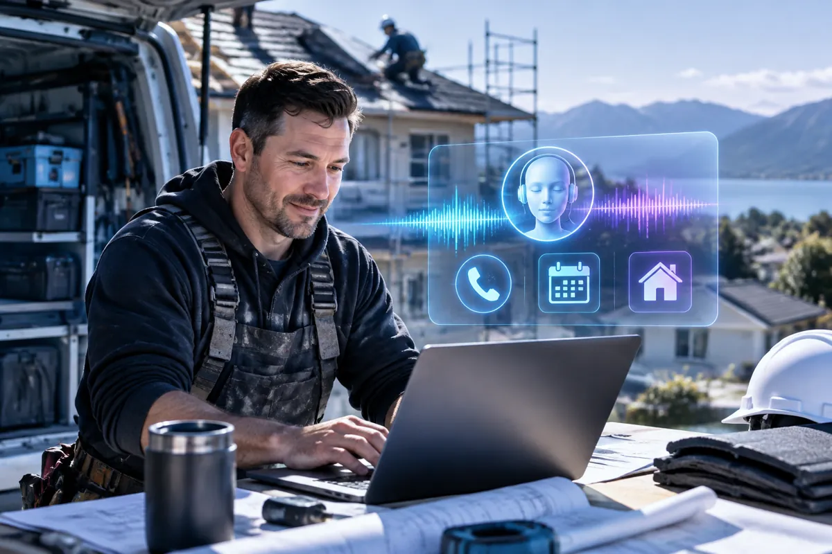 Roofers team at work while AIIT Voice AI answers customer calls