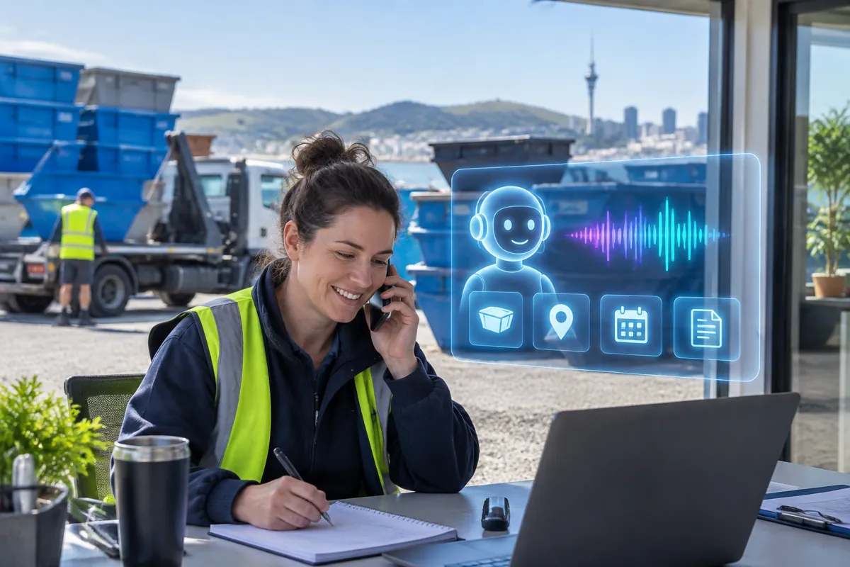 Skip-bin hire team at work while AIIT Voice AI answers customer calls