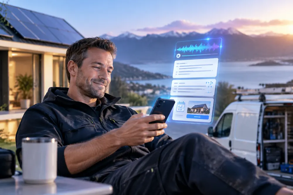 Solar installers owner reviewing SAM call summaries and pre-booked jobs on a phone