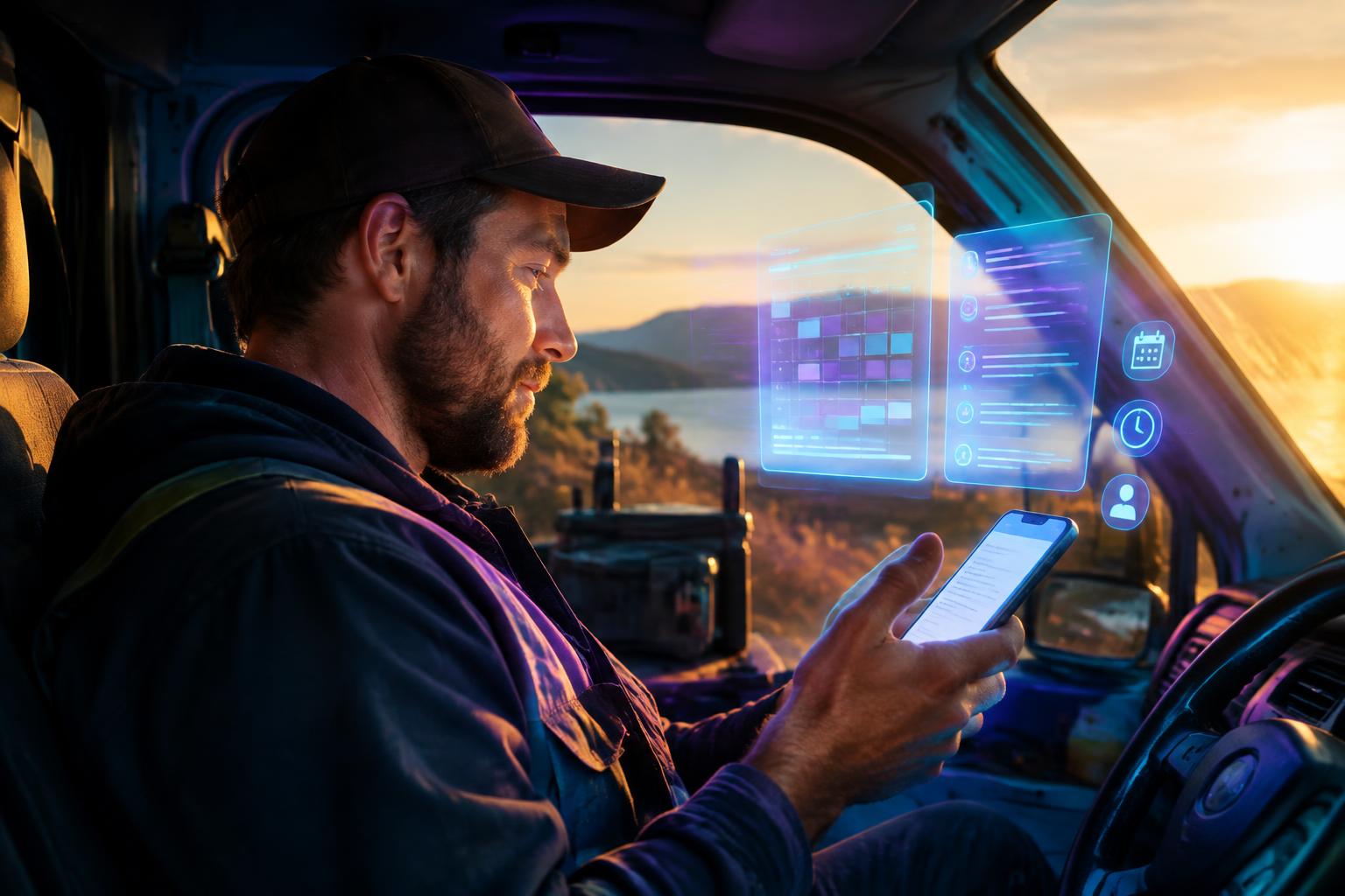 Business owner in his van reviewing a call summary on his phone