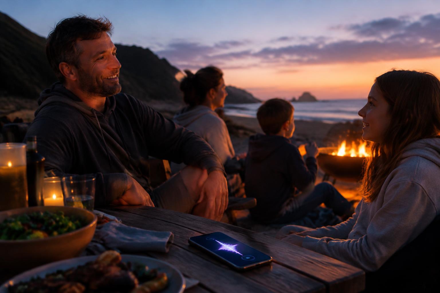 Business owner enjoying an evening with family while an AI receptionist takes a call