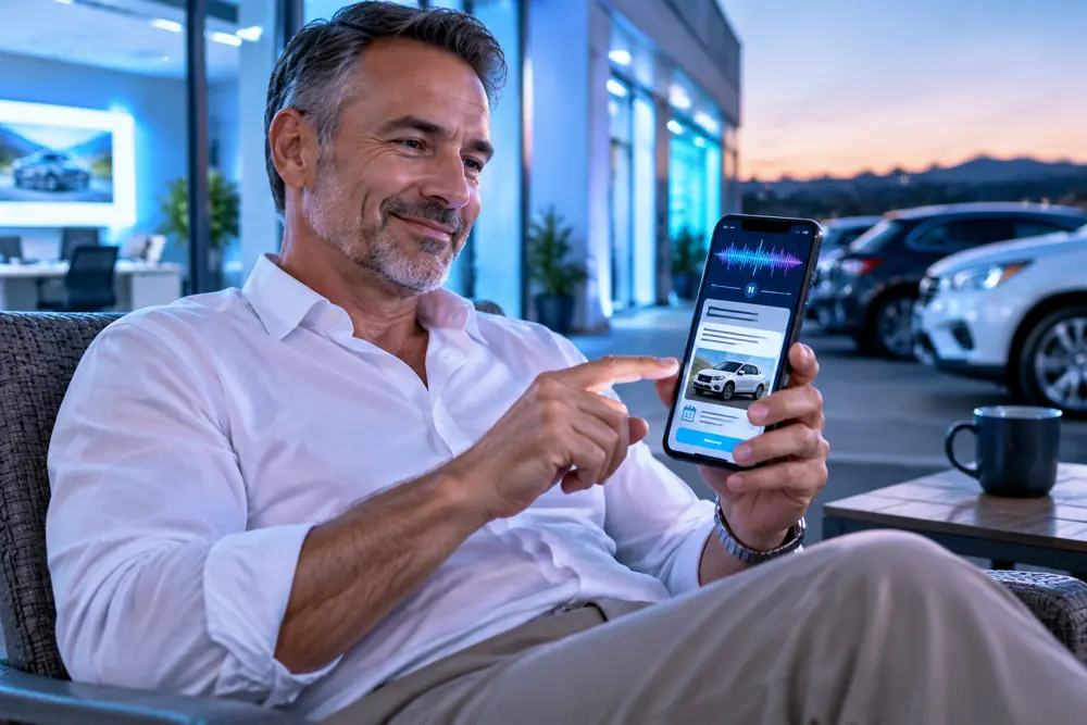 Used-car dealers owner reviewing SAM call summaries and pre-booked jobs on a phone