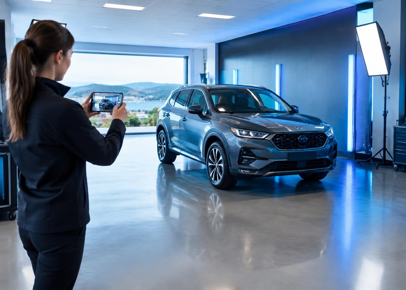 Dealership employee capturing a vehicle with a mobile phone