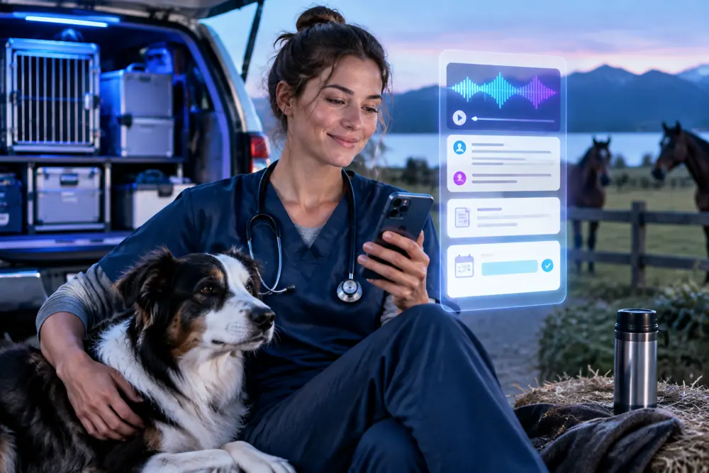 Veterinary clinics owner reviewing SAM call summaries and pre-booked jobs on a phone