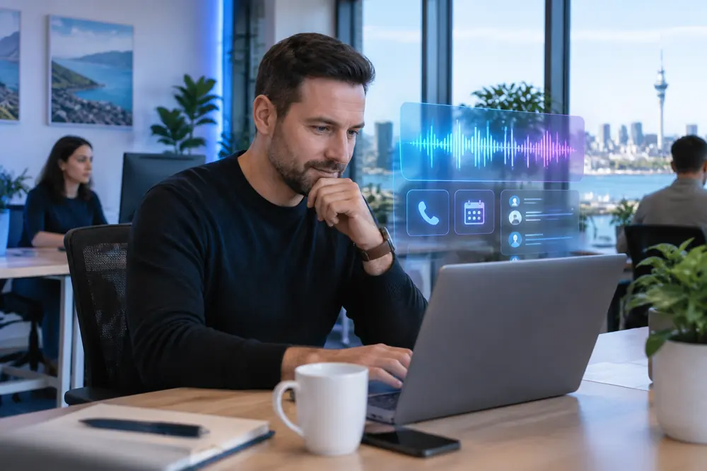 Business owner reviewing Voice AI conversation outcomes