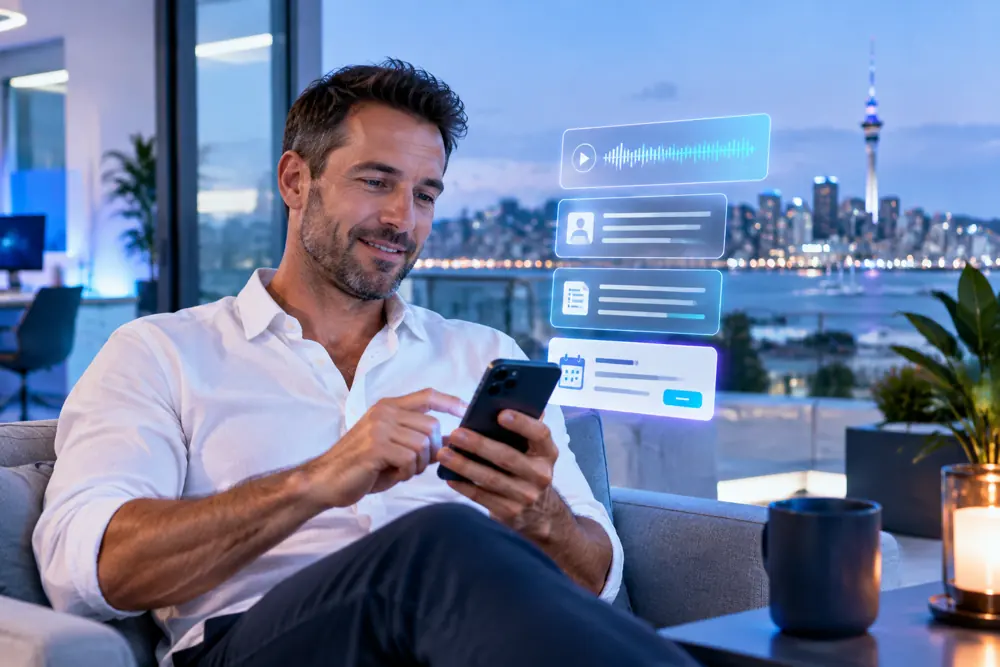 Web agencies owner reviewing SAM call summaries and pre-booked jobs on a phone