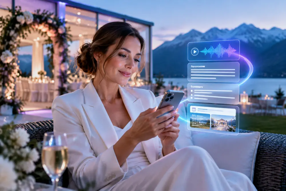 Wedding venues owner reviewing SAM call summaries and pre-booked jobs on a phone