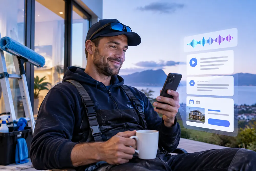 Window cleaners owner reviewing SAM call summaries and pre-booked jobs on a phone
